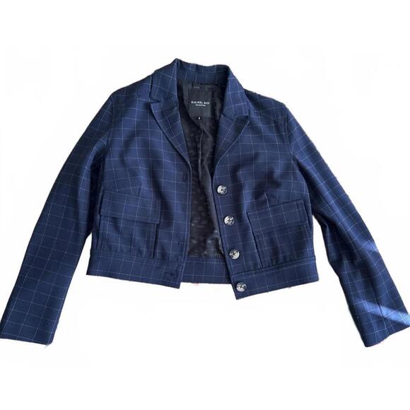 Rachel Roy Women's Navy Blue Cropped Blazer with Windowpane Check ๐ - Picture 6 of 8